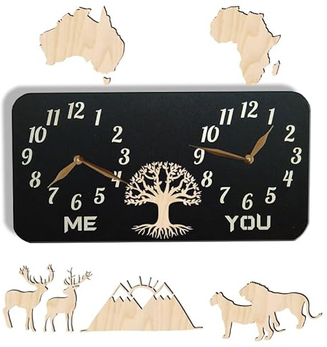 monastar Dual Time Zone Wall Clock with Deer Family, City/State/Country Sign, World Time Clock, Wall Art Décor