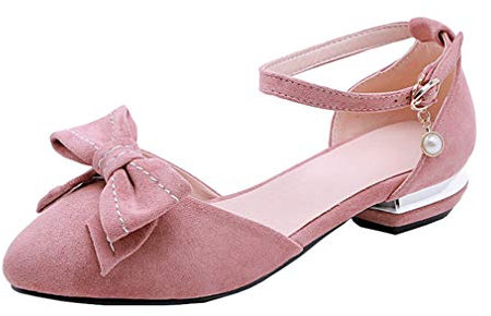 Birdsight Escarpins Femme Talon Bloc Bas Carrés Bride Cheville Daim avec Noeud Perles Rockabilly Chaussures Bout Pointu d'été Chunky Heels Sweet Bureau 3CM(Rose,36)