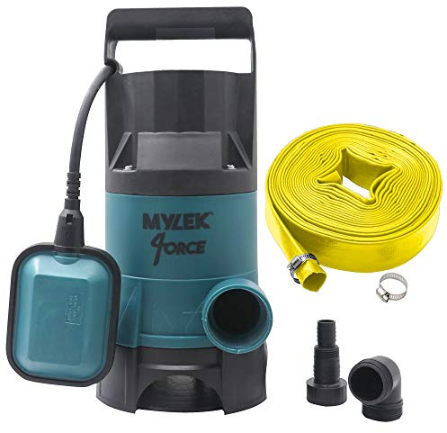 MYLEK Submersible Water Pump 400W Electric, 8000L/H, Heavy Duty 15m Layflat Hose for Clean or Dirty Water, Float Switch, 10M Power Cable - Floods, Pools, Gardens, Ponds, Hot Tubs