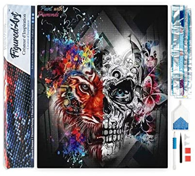 Figured'Art Diamond Painting Erwachsene 40x50cm Ganze Leinwand gerollt Löwe und Schädel 5D Bilder Eckige Steine - DIY Set Basteln