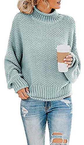 Imuedaen Women's Turtleneck Jumpers Casual Batwing Sweaters Long Sleeve Pullover Loose Chunky Knitted Jumper Tops (Light blue2, M)