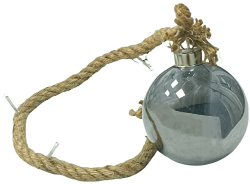Cheerful Bargains 12cm Silver LED Glass Christmas Bauble with Rustic Twisted Rope | Battery-Operated Hanging Xmas Tree Decoration with Warm Glow | Bauble Ornament for Trees, Windows & Festive Displays