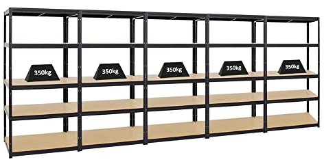 PROREGAL Mega Deal 5X Étagère Charge Lourde Slim Elephant M | HxLxP 180x90x60cm | 5 Niveaux | 350kg par Niveau | Noir | Lot d'étagères Robustes de Garage, Atelier, Cave, sous-Sol, Stockage, Rangement