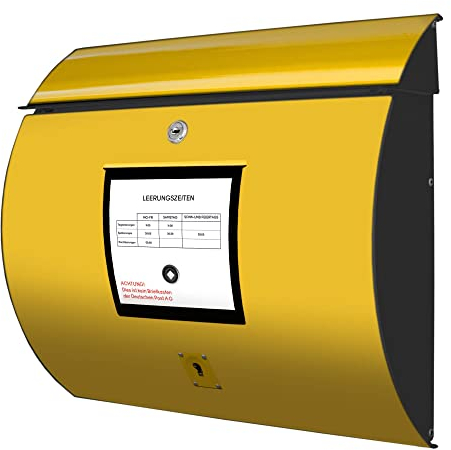 banjado® Burgwächter® Briefkasten anthrazit aus Stahl mit Motiv Post Gelb/Briefkasten ohne Zeitungsfach/Postkasten mit Kippdach & Öffnungsstopp, 2 Schlüssel