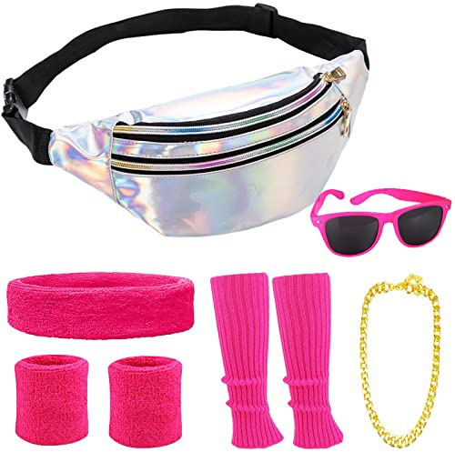 90er 80er Jahre Accessoires Bauchtasche 80er Jahre Neon Beinwärmer Stirnband Armbänder 80er Jahre Outfit Accessoires 80er Jahre Kleidung Damen Herren Kinder Sport 80er kostüm Halloween Fasching (Rosa)