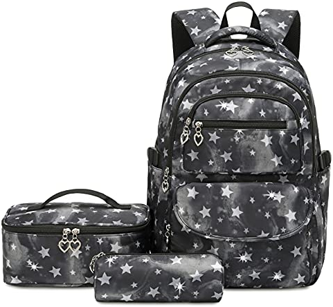 SIVENKE 3Pcs Middle School Schoolbag Star Printing Waterproof School Backpack Set with Lunch Pack & Pencil Case