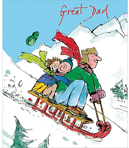 Great Dad Xmas Toboggan Snow Sled Fun with Kids Illustration Quentin Blake Christmas Card