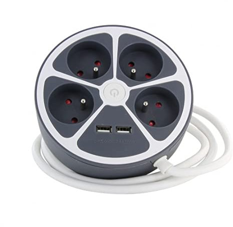 Multiprise design circulaire 4X16 A cordon 1,5m avec 1xUSB-A et 1xUSB-C + interrupteur