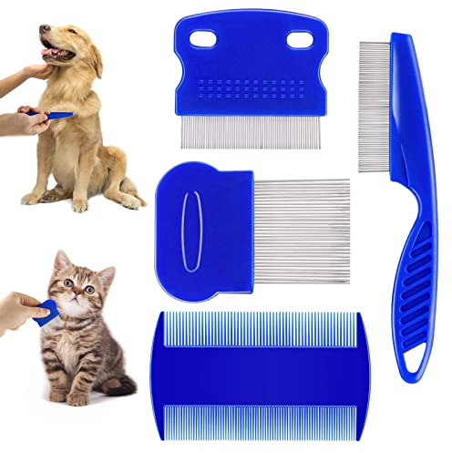 4 PCS Floh- und Läusekämme, doppelseitige Hundekämme aus Edelstahl, Kämme zum Entfernen von Tränenflecken und Knoten, Entfilzungswerkzeug für kleine, mittlere und große Haustiere