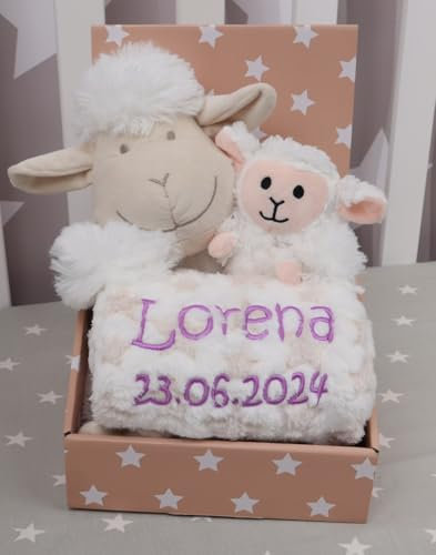 BotoBaby ★ Maxi Geschenk-Set Babydecke mit Namen und Datum Bestickt + Plüschtier + Schmusetuch ★ Geschenk ★Geburt ★ Taufe ★ (Set 09, 3-Teiliges Set)