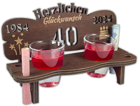 Urhome Schnapsbank mit Jahreszahl 40 Gravur zum Geburtstag, Jubiläum, Jahrestag aus Holz - 2 Schnapsgläser - 40 Jahre Dunkel Braun