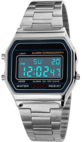 Digitaluhr für Herren, Erwachsene Digital Quarz Uhr Mit Edelstahlband, Digitale Sportuhr, wasserdichte Elektronische LED-Armbanduhr, Lässige Armbanduhren mit EL-Hintergrundbeleuchtung