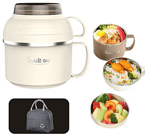 Tuzsocr Boîtes Bento Isotherme à 2 Couches,Lunch Box Inox avec Sac Lunch,Boîtes alimentaires isothermes Sans Fuite rond,compartiments,couverts pliants,pour Picnic École Bureau Adultes Enfants (Beige)