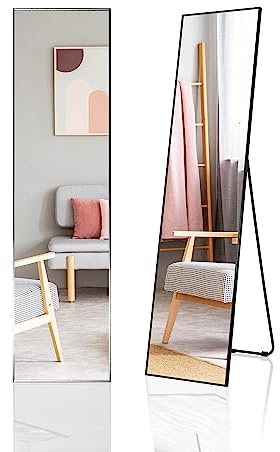 HOMASIS 2 in 1 Wandspiegel & Standspiegel, Ganzkörperspiegel 160 x 40 cm, Garderobenspiegel mit Metallrahmen, Ankleidespiegel bruchsicher, Bodenspiegel für Schlaf-, Wohnzimmer & Flur (Schwarz)