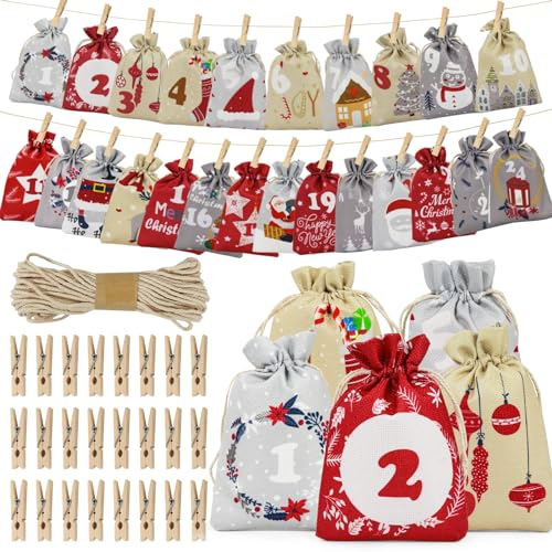 Coicok 24 pièces Calendrier de l'avent vide a remplir 2024, Sac pour calendrier de l'avent sachets en tissu, Avec 24 pinces et 10m de corde