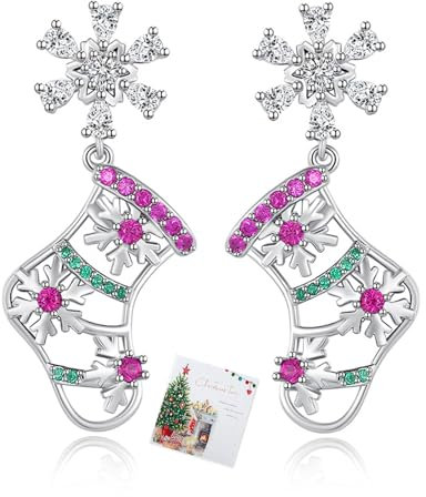 Silver Christmas Earrings for Women, Sterling Silver Christmas Boots Earrings, Diamond Earring for Women Xmas Earring, Drop Dangle Dangly Earings Dangly Xmas Present Jewellery Gifts for Her