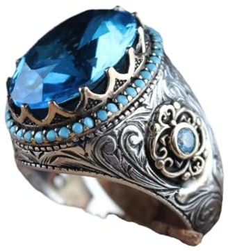 Ringe Damen Damenschmuckring Rings Herren Geschenk Vintage Punk Fingerring für Männer, oval, blau, großer Stein, geschnitztes Muster, grüner Kristall, Ringe für Männer und Frauen, Party, 13 Aquamarin