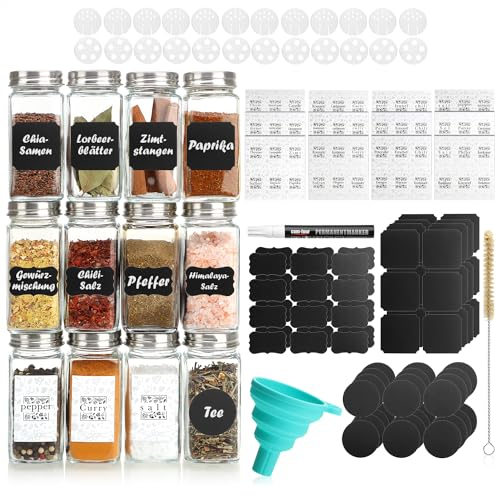 com-four® 12x Tarros de Especias con Accesorios - Control de Especias de Vidrio 120 ml, Accesorios para rociadores, Cepillo, Embudo, Etiquetas, bolígrafo (12 piezas de vasos con accesorios.)