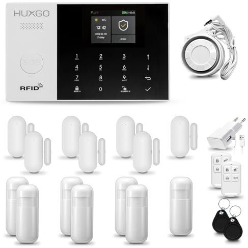 HUXGO® HXA005 Alarmanlage fürs Haus WiFi + GSM Set mit Sirene | Funk Alarmanlage Wohnung mit App. TUYA |Alarm System mit 7X Bewegungssensor, 7X Fensteralarm/Türsensoren | Smart Home