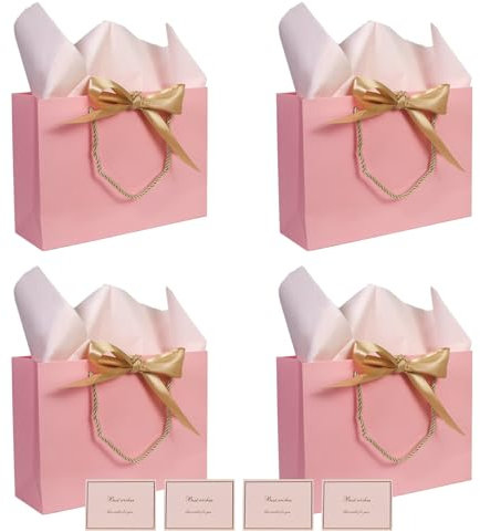 TAIXING 4 Pièces Sac Cadeau Sacs Cadeaux avec Ruban et Poignées, Grands Pochette Cadeau avec Mouchoirs et Cartes pour Anniversaire Mariage Festival Noël, 28 * 20 * 9cm(Rose)