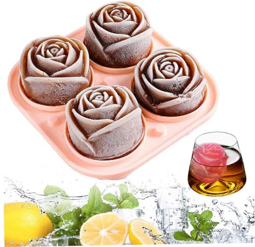 3D Rose Ice Cube Moulds Large Ice Cube Trays with Lid 4 Cavity Flower Ice Ball Maker Silicone Moulds for Water, Whiskey, Cocktail Flower Ice Cube Moulds