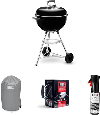 Weber Bar-B-Kettle BBQ a Carbone, Ø 47cm, Nero, 1231004 + Copertura Grigia per Griglia a Carbone, 7175 + Kit Ciminiera di Accensione, 17631 + Detergente per Griglie, Nero, 17875
