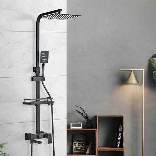 TVTIUO Columna de Ducha con Cabezal de Ducha Cuadrado,Altura Ajustable, Columna de Ducha de Bañera con Estante, Cabezal de Ducha de Lluvia de 10, Negro(25x25cm)