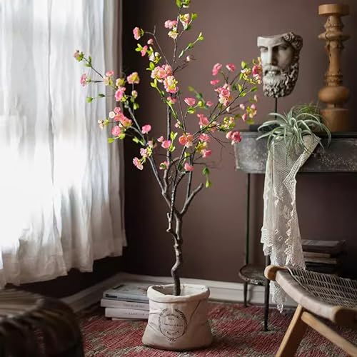 GLJTUO Rosa Kunstbaum Mit Kirschblüte Und Weißem Topf, Uv-Beständige Kunstblumen Als Dekoration Für Den Außenbereich, Kein Verblassen, Topfpflanzenimitat, 136 cm,