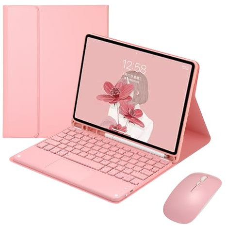 Custodia con Tastiera per iPad 10 Generazione 10,9 Pollici 2022(A2696/ A2757/A2777), Supporto Magnetico, Trackpad Muti-Touch, Cover Sottile con Tastiera QWERTY Bluetooth Wireless e Mouse, Rosa-B