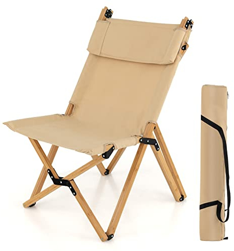 COSTWAY Campingstuhl mit 2-stufig Verstellbarer Rückenlehne, tragbarer Faltstuhl aus Bambus, inklusive Tragetasche, ultraleichter Klappstuhl, Liegestuhl, Strandstuhl für Camping, Terrasse, Strand