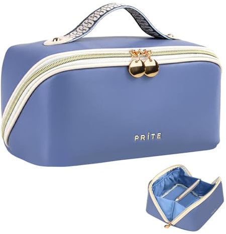 Prite Große Kapazität Kosmetiktasche Tragbare Reise Make Up Tasche wasserdichte PU-Leder Schminktasche oder Kulturbeutel mit Transparente Trenner und Griff (Blau)