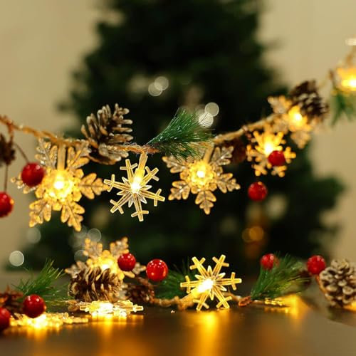 3 m 20 Guirnaldas Luces Decorativas Navideñas Sin Enchufe, Iluminación de Navidad, Exterior Interior, Copo de Nieve, Piñas, Decoración Navideña, Guirnalda de Luces LED para Navidad, Dormitorio, Balcón