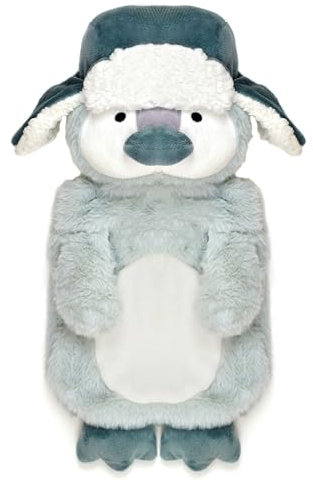 Olivia Rocco Novelty Animal Hot Water Bottle, Fluffy Hot Water Bottles with Cover for Kids Or Adults, 1L Natural Rubber Hot Water Bag for Long Lasting Heat (Penguin Trapper)
