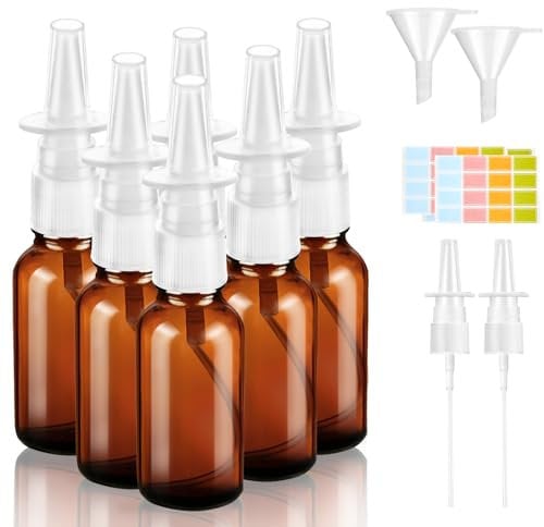 6 Stück Nasenspray Flasche Leer, 20ml Glas Nasensprayflasche, Wiederverwendbar Nasen Sprühflaschen, Nachfüllbare Zerstäuber mit Düsen Trichter Etiketten für Parfüm Atherische Kochsalzlösung (Braun)