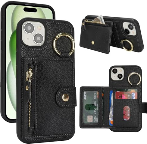 SailorTech Phone Case with Keychain Ring Credit Card Holder for iPhone 15 Plus, Wallet Leather Case with Kickstand Credit Card Slots Fashionable Case for iPhone 15 Plus - Black