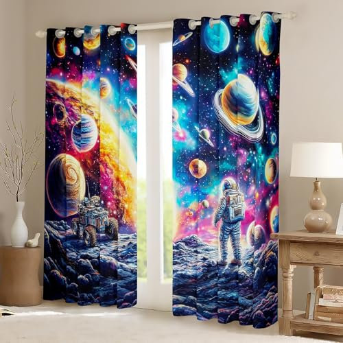 Loussiesd Kinder Weltraum Astronaut Vorhänge 137x117cm Weltraum Rakete Fenstervorhang Jungen Mädchen Schlafzimmer Zimmer Dekor, Der Planet Der Erde Astronaut Blickdichte Vorhänge Astronaut Gardinen