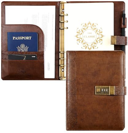 CAGIE Leder Tagebuch mit Schloss, A5 Ringbuch Large Tagebuch für Erwachsene mit Zahlenschloss Nachfüllbare Innenseiten Geprägtes Loses Blatt Diary, 17,8 x 22,9 cm, Braun