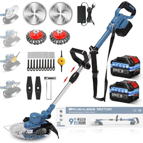 XWFKJGS 21V Strimmer Cordless Strimmer With Weed Brush,8000MAH Grass Trimmer, 4 In1 Garden Strimmer,Cutting Width 23cm,90° Swivel Head&Adjustable Handle,Grass Strimmer For Lawns, Weeds & Shrubs,Blue