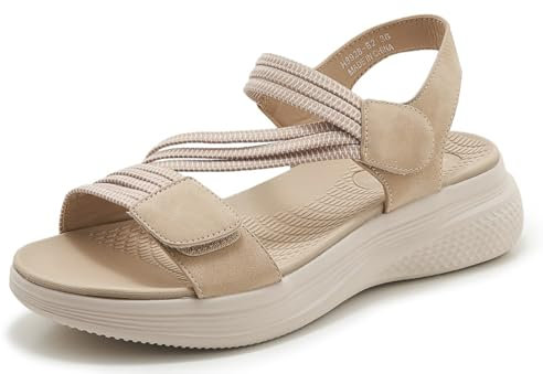 SMajong Sandales Sport Femme Sandale Orthopédiques Confortable Bout Ouvert Été Chaussures de Randonnée Scratch Sandales Compensées Beige 38 EU
