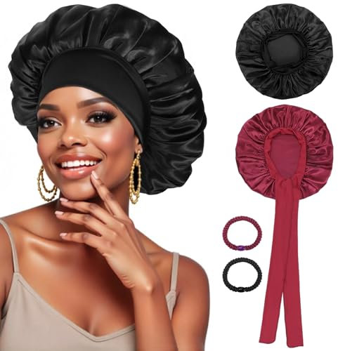 PAEFIU 2 Stück Seidenhaube zum Schlafen, Weiche Satin Schlafhaube Seide mit 2 Haargummis Atmungsaktive Satin Haarhaube Schlafmütze für Lange Kurze Lockige Haare (Schwarz, Weinrot)