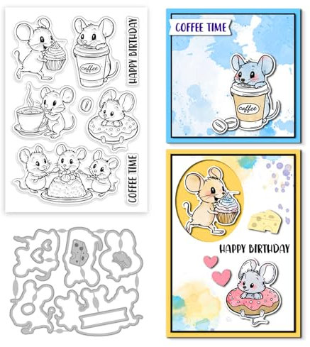 GLOBLELAND Maus Dessert Silikonstempel Metall Stanzformen Malschablonen Für Die Kartenherstellung Geburtstagskarten Stempel Stanzformen Kaffeekuchen Schablonen Set Für DIY Scrapbooking Kunsthandwerk