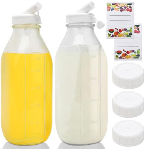 Set di 2 bottiglie di vetro con coperchio da 1000 ml, bottiglie per latte con coperchio, ermetiche e riutilizzabili, in vetro trasparente per bevande calde e fredde, bottiglie di succo con segno di
