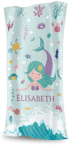 DEREGALOOS Toalla Infantil Personalizada con Nombre. Diseño Animales Dinosaurios Sirenas Unicornios Piratas. Toalla Infantil Playa Piscina Niños Verano. Regalo Original Niños (Sirena, 50X100)