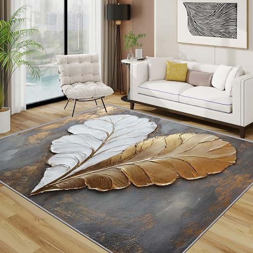 TerroVee 3D Effekt Teppich Waschbar, Modern Luxus Blatt Teppich 80x150 cm, Herzn Kunst rutschfest Waschbar Pflegeleicht Teppiche Für Schlafzimmer Küche, Grau Weiß Gold