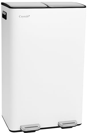Crystals 60 L Dual‑Compartment Pedal Recycling Bin – Kitchen Rubbish & Recycling 2 in 1 S/Steel Pedal Bin with Removable Inner Buckets – Hands‑Free Step, Soft‑Close Lids & Non‑Slip Base (White)