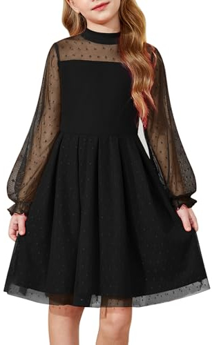 Arshiner Girls Dress Kids Mesh Long Sleeve Tulle Polka Dots Party Dresses | Lantern Sleeves,Round Neck,Casual Solid,Children Dress,A-Line Midi,Festive Dress,Autumn Winter,Wedding Birthday,6-14 Years