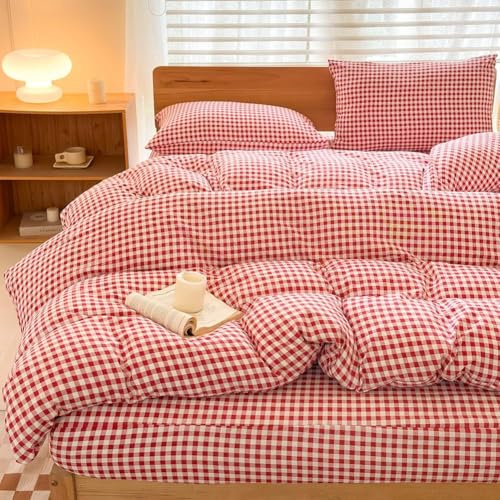 Bettwäsche Set, Rot Kariert, 200x200 Bettbezug + 80x80cm Kissenbezug | Geometrisch, Bettbezug + 2 Kissenbezüge 80x80cm, Bauernkaro Design