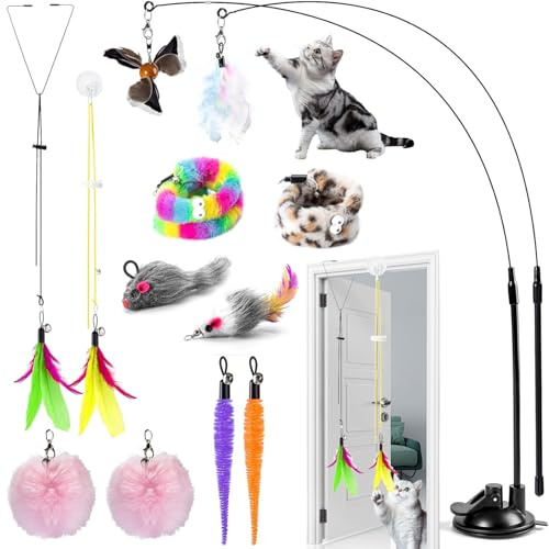 Juguetes Pluma con Ventosa para Gatos, 12pcs Pesca para Gatos con Plumas, Varita para Gato con Campana y Ventosa, Juguete Colgante para Gato, para Gat-os Pequeños y Grandes, Elimina el Aburrimiento