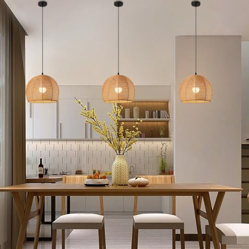 PANNN Boho Lampe Deckenlampe Holz Pendelleuchte Esstisch Mit E27 Fassung Rattan Lampenschirm Schwarz Hängelampe Vintage Für Schlafzimmer Wohnzimmer Küche (Glühbirnen Nicht Enthalten)(A)