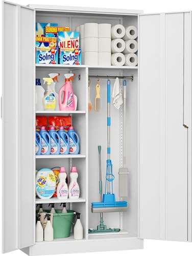 Wide & Deep Metal Storage Cabinet with Hanging Rod,White Broom Closet Storage Cabinet with Lock,72 Tall Wardrobe Cabinets with Doors and Shelves,Locking Steel Tool Cabinets for Home,Office,Garage